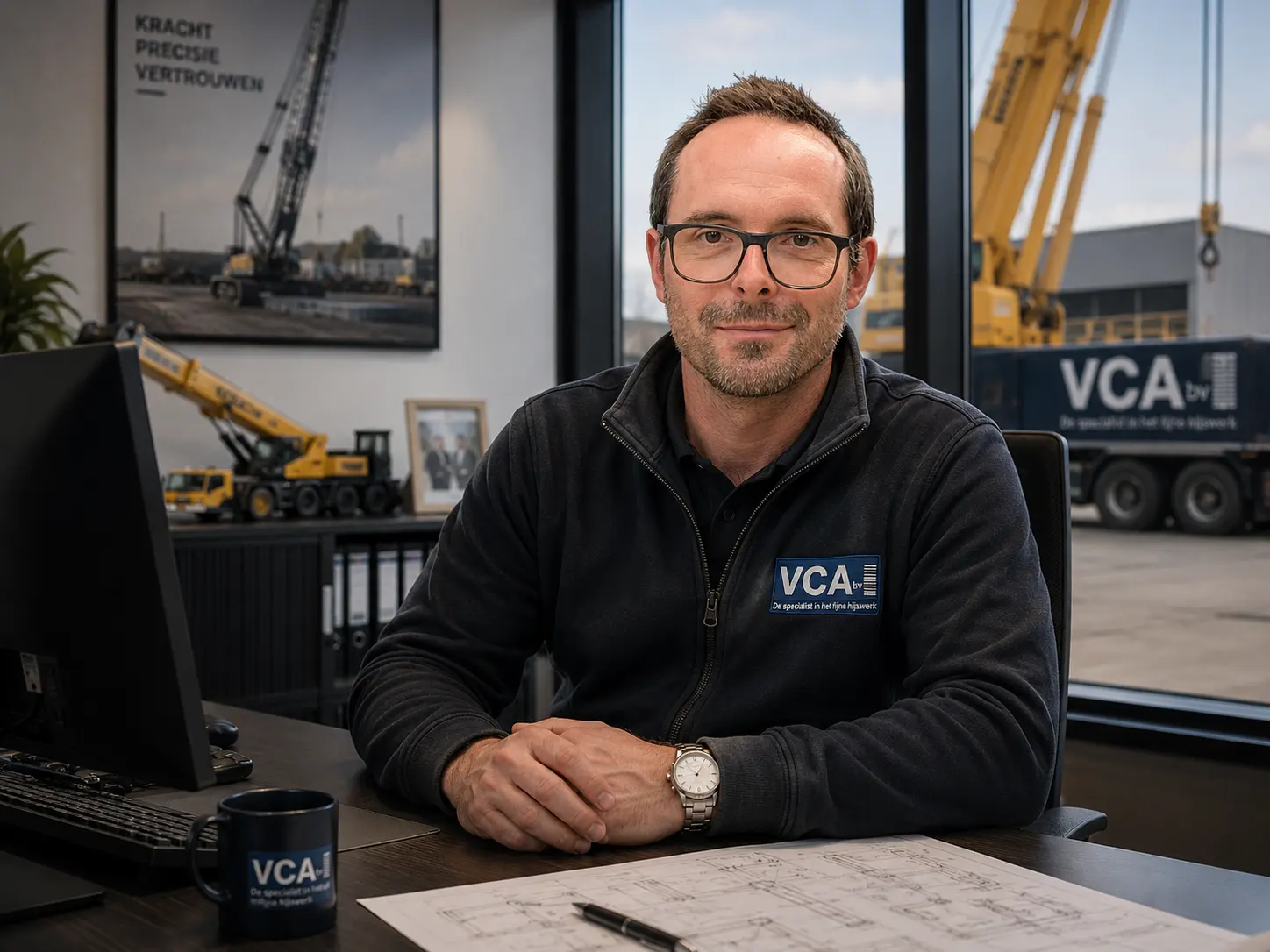 Christophe Vanpé, bestuurder van Kraanverhuur VCA, aan zijn bureau in Lokeren